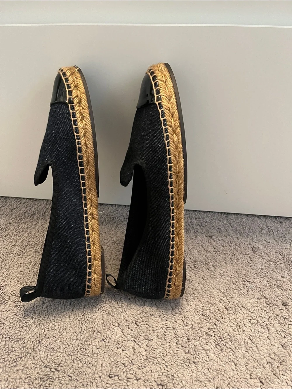 Fendi Navy Denim Slip-On Espadrille Loafers with Black Patent Cap